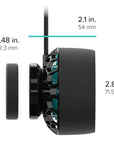 Side view of the AI - Nero 5 black cooling fan with dimensions labeled: height 2.1 inches (54 mm), depth 2.8 inches (71.5 mm), and thickness 0.48 inches (12.3 mm). This cylindrical design features visible blades for optimal flow rate efficiency, characteristic of the AI - Nero 5 Submersible Pump.