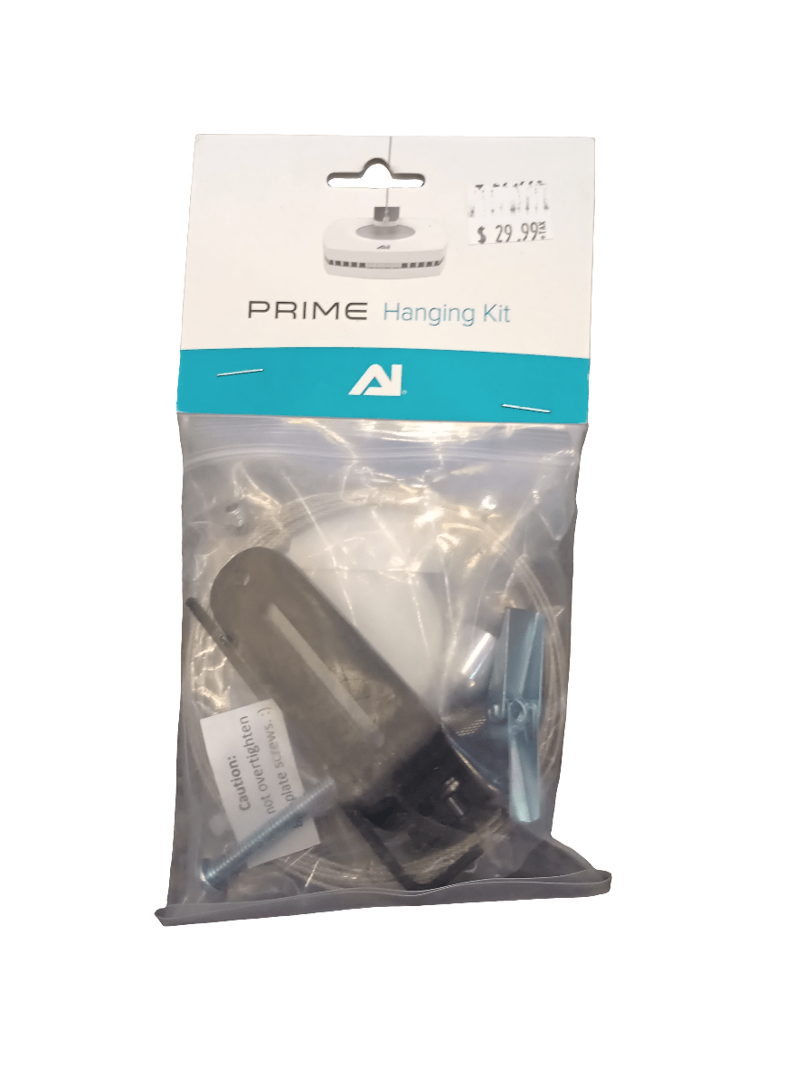 Image of an AI - Prime Hanging Kit package. The clear plastic bag contains various hardware components, including screws and wall anchors. The package is priced at $29.99.