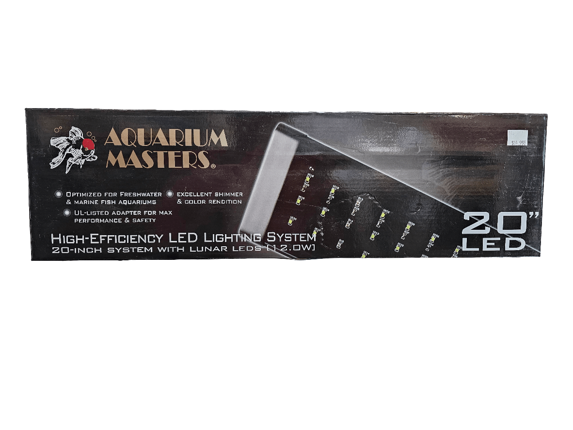 Box for an AM - 20" LED System, featuring a high-efficiency design with lunar LEDs. Ideal for marine fish and freshwater aquariums, it delivers impressive shimmer effects, outstanding color rendition, and guarantees performance safety.