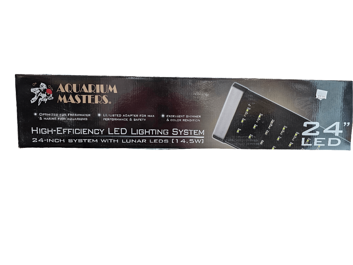 Box for the AM - 24" LED System by Aquarium Masters, emphasizing features such as optimized light presentation, 24-inch length, 14.5W power, lunar LEDs, high performance, safety, color rendition, and shimmer effects.