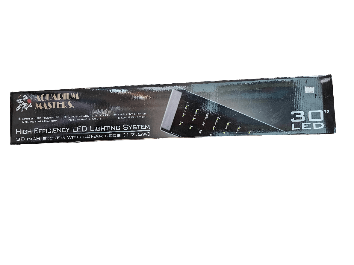 Box for an AM - 30" LED System, featuring 17.5W Lunar LEDs, a splash guard, and an energy-efficient design. The packaging is black with product details and includes a silver band on the right side.