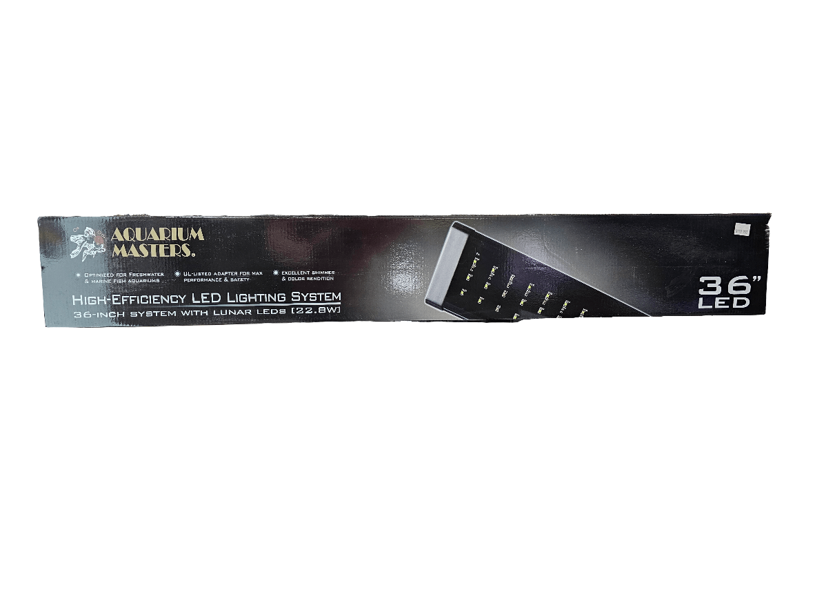 Box for the AM - 36" LED System, featuring Lunar LEDs. The black packaging displays an image of the LED fixture and includes its specifications.