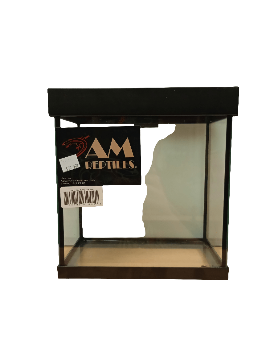 The AM - Reptile Terrarium w/ Screen Top 2gal, featuring a small empty glass design with a black frame, is displayed. A logo in the top left corner reads "AM REPTILES" alongside a red dragon motif, while a barcode sticker is present on the bottom left.