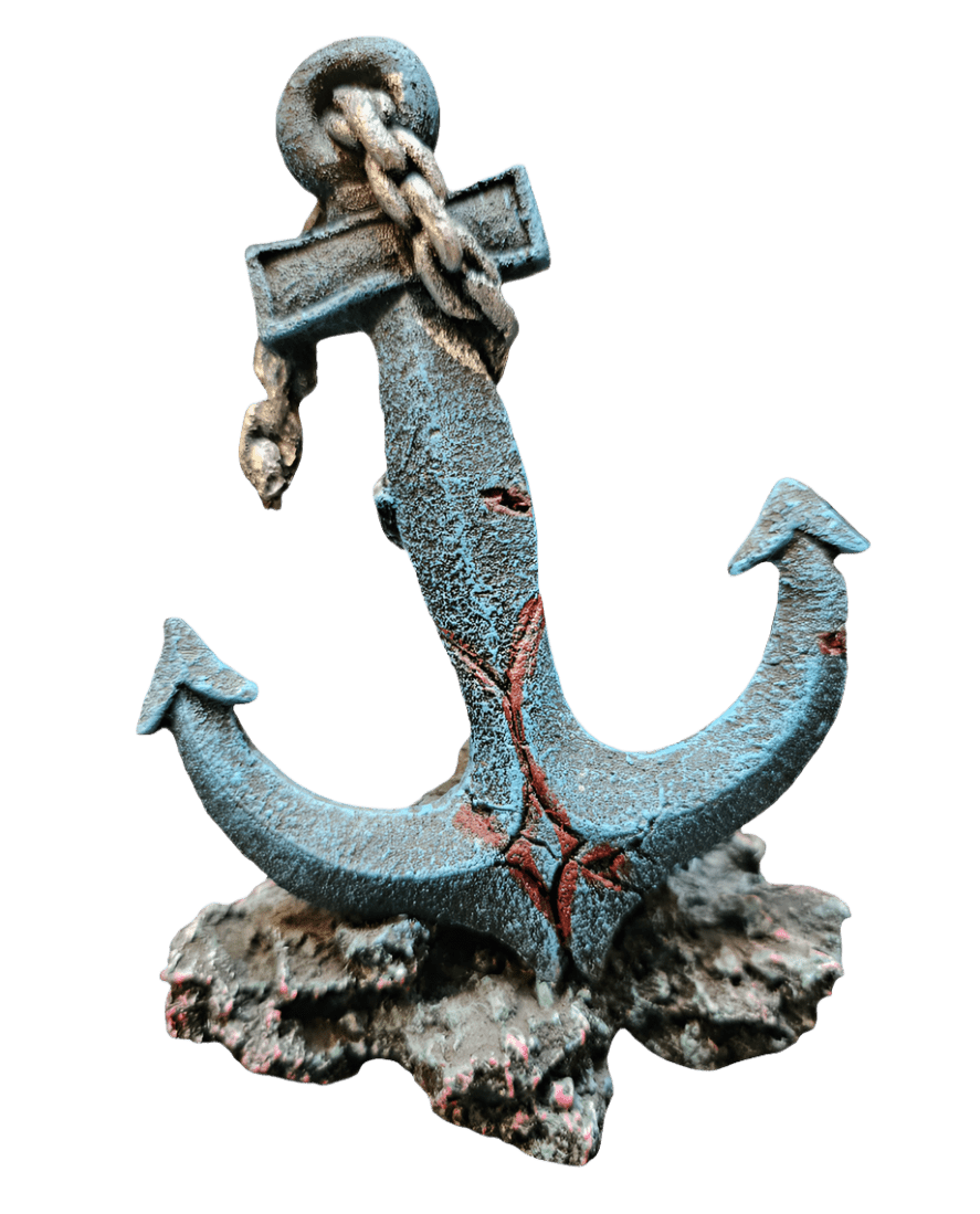 The AO - Anchor Blue Aquarium Decor features a rustic, blue anchor draped with a rope and set on a rocky base, with signs of rust accentuating its vintage charm.