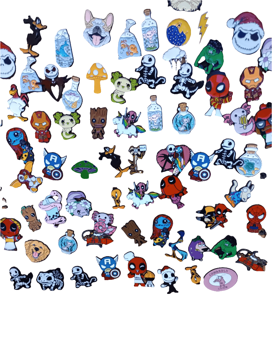 An assortment of vibrant AO - Asst. Pin Decal stickers featuring a mix of cartoon and pop culture themes, such as skeletons, animals, and superheroes, randomly arranged on a white background.