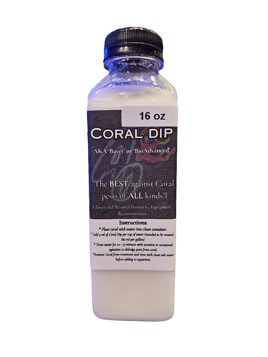 A bottle of AO - Coral Dip labeled 8 oz includes instructions for use, claiming to be the best against all coral pests and comparing itself to Bayer or BioAdvanced. Features usage instructions for treating coral pests.