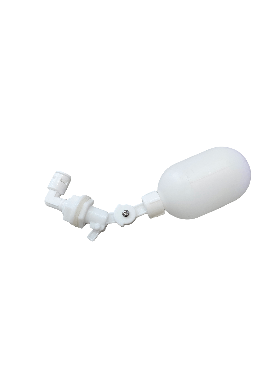 The AO - Float Valve is an isolated white plastic float valve featuring an attached arm and adjustable angles, specifically engineered for controlling fluid levels in tanks. It includes an oval-shaped float connected to a threaded inlet with joints that allow for precise positioning.