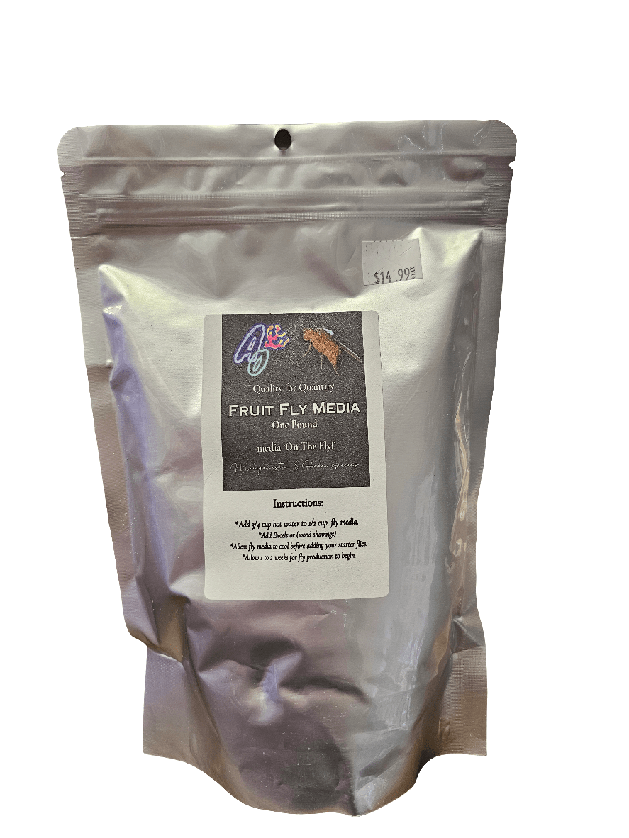 The AO - Fruit Fly Media 1 lb comes in a silver, resealable pouch that is ideal for culturing flightless fruit flies. It features a small illustration of a fruit fly and includes instructions, all for the price of $14.99.