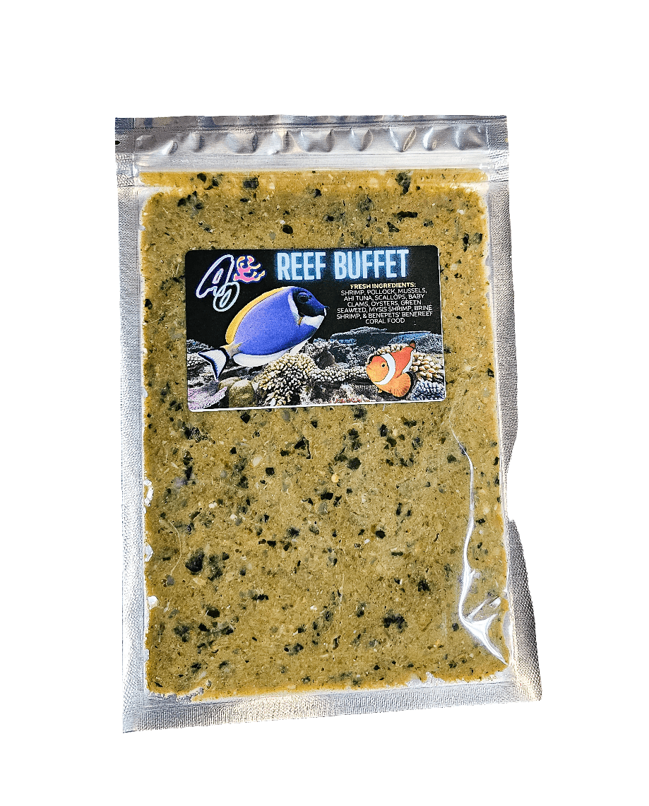 A sealed package of AO Reef Buffet 5 oz fish food featuring colorful fish on the label contains a yellowish-green mixture with visible herbs or algae.