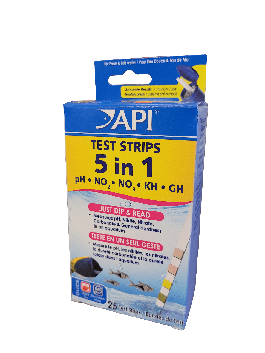 The API - 5 In 1 Test Strips - 25ct are designed for aquariums, capable of measuring pH, nitrite, nitrate, carbonate hardness, and general hardness. The packaging features a blue and yellow design with text in both English and French.