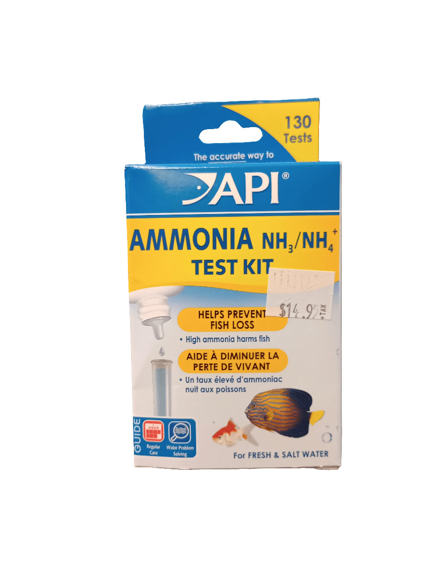 The image displays a box of the API - Ammonia Test Kit, which is designed for aquariums. It aims to prevent fish loss from high ammonia levels and is suitable for both freshwater and saltwater environments. The kit includes 130 tests and is priced at $14.99.