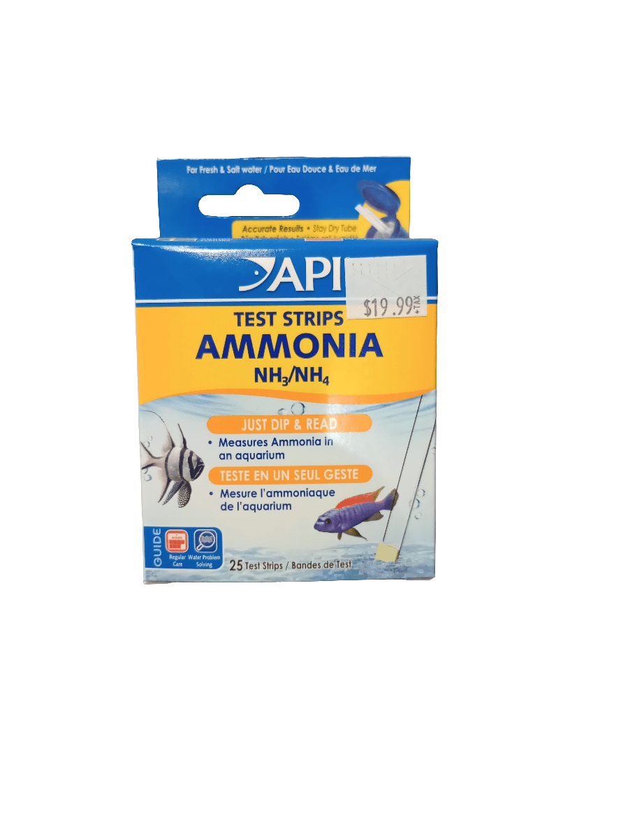 A box of API Ammonia Test Strips for detecting NH3/NH4 levels in aquariums features the Just Dip & Read functionality. It contains 25 test strips and is priced at $19.99.