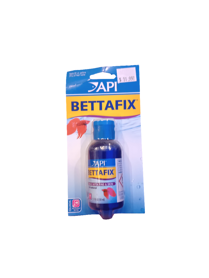 A product package labeled API - Bettafix - 1.7oz, housed in a blue bottle designed for treating fin and body problems in Betta fish, features an image of a Betta fish on the packaging and is priced at $11.99.