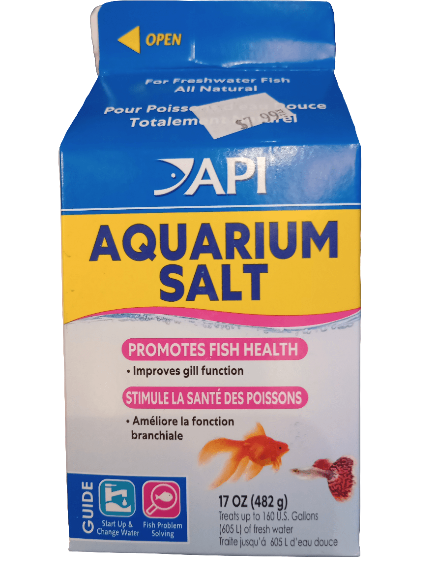 A box of API - Freshwater Aquarium Salt - 17oz is designed to enhance fish health by supporting gill function. The packaging features images of fish and includes usage instructions. Each box contains 17 ounces (482 grams) suitable for treating up to 160 U.S. gallons (605 liters) of water.