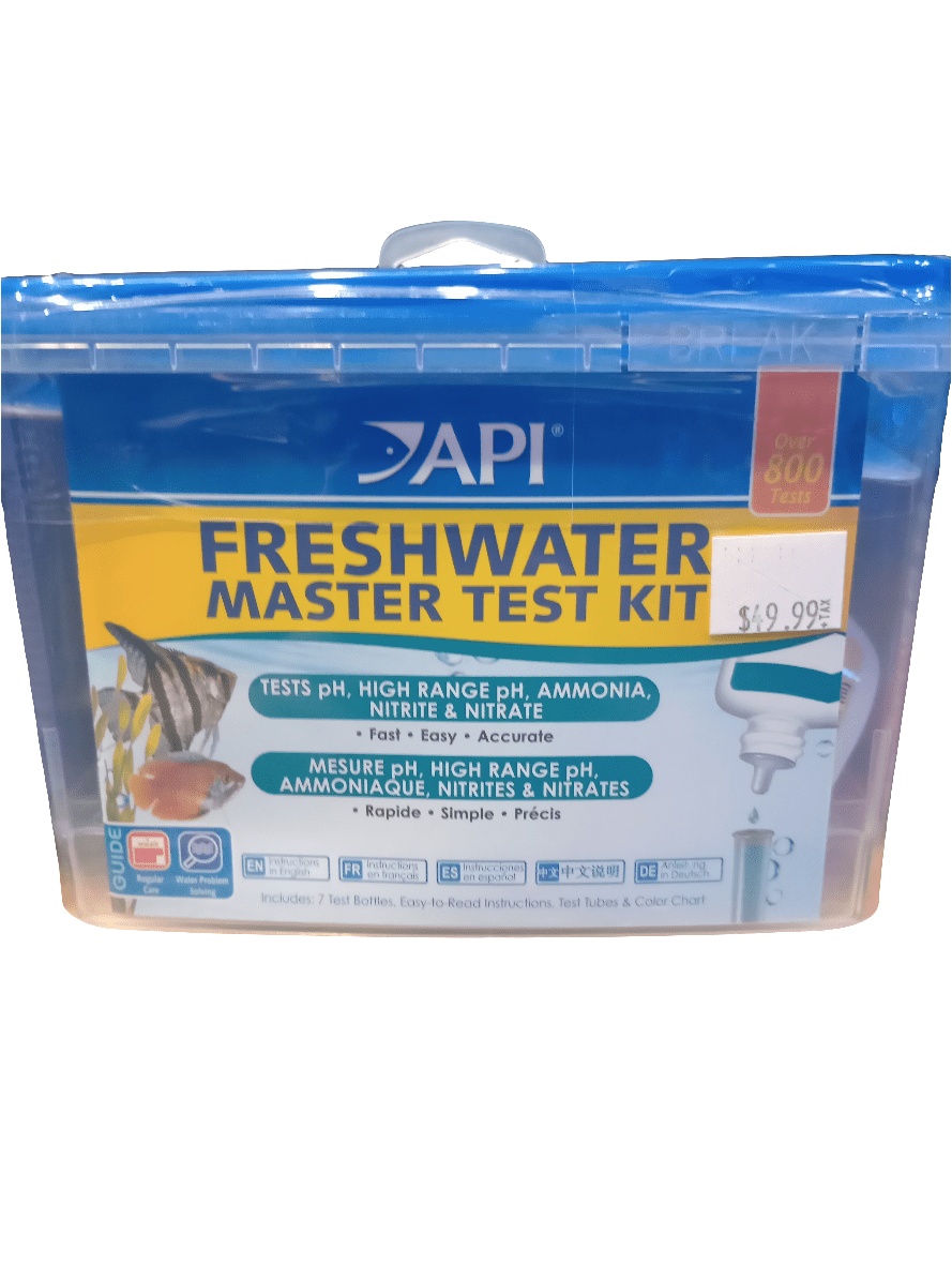 Image of the API - Freshwater Master Test Kit box. It contains tests for measuring pH, high range pH, ammonia, nitrite, and nitrate levels. The box features a predominantly blue and yellow design with fish graphics. A price tag is positioned at the top right corner.