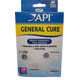 The image showcases a blue and white box of API - General Cure - 10 Packets, emphasizing its effectiveness in treating parasitic fish diseases. Features include parasite elimination, quick results, and suitability for conditions such as swollen abdomen and hole-in-the-head.