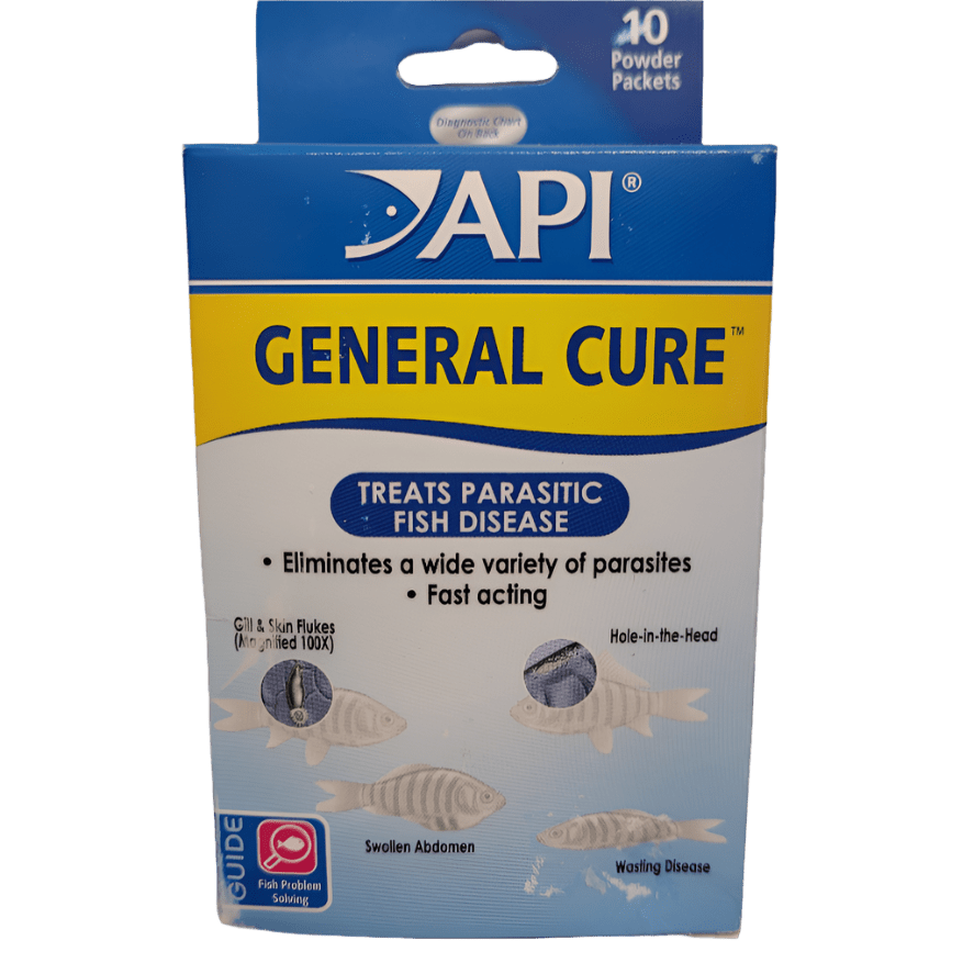 The image showcases a blue and white box of API - General Cure - 10 Packets, emphasizing its effectiveness in treating parasitic fish diseases. Features include parasite elimination, quick results, and suitability for conditions such as swollen abdomen and hole-in-the-head.