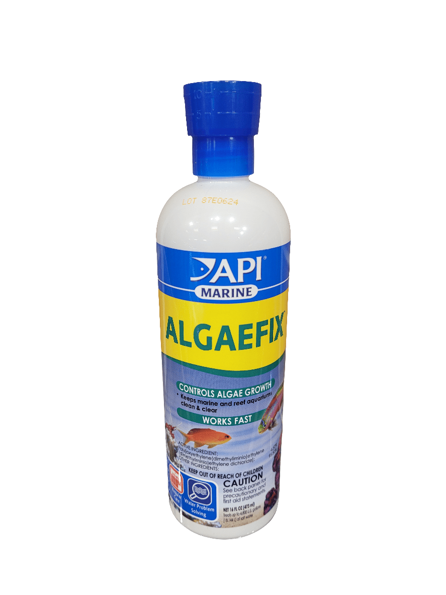 Bottle of API - Marine Algaefix - 16oz with a blue cap. The label indicates it effectively controls algae growth in fresh, marine, and reef aquariums and works quickly. There is cautionary text at the bottom of the label.