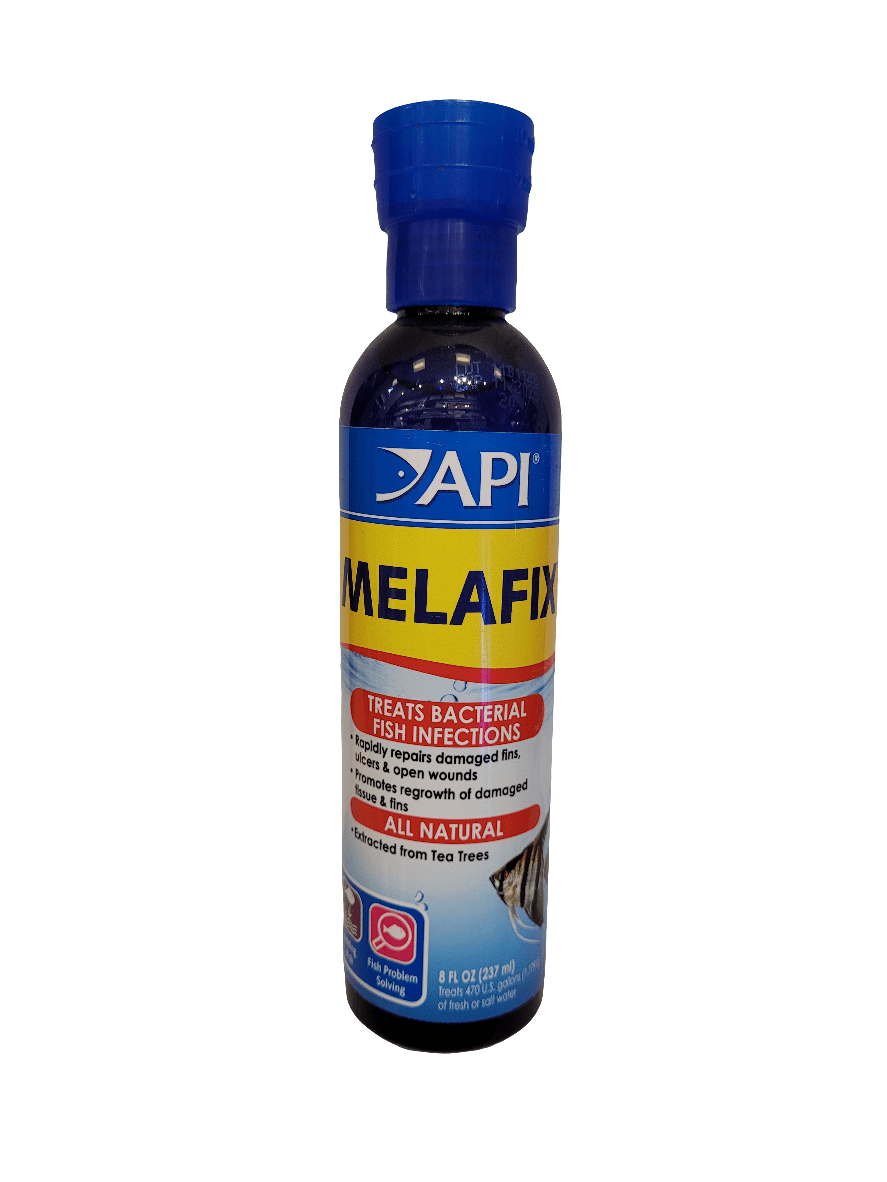 Bottle of API Melafix, a fish medication designed to treat bacterial infections. The label emphasizes its all-natural ingredients, derived from tea tree extracts. Contains 4 fl oz (118 ml).