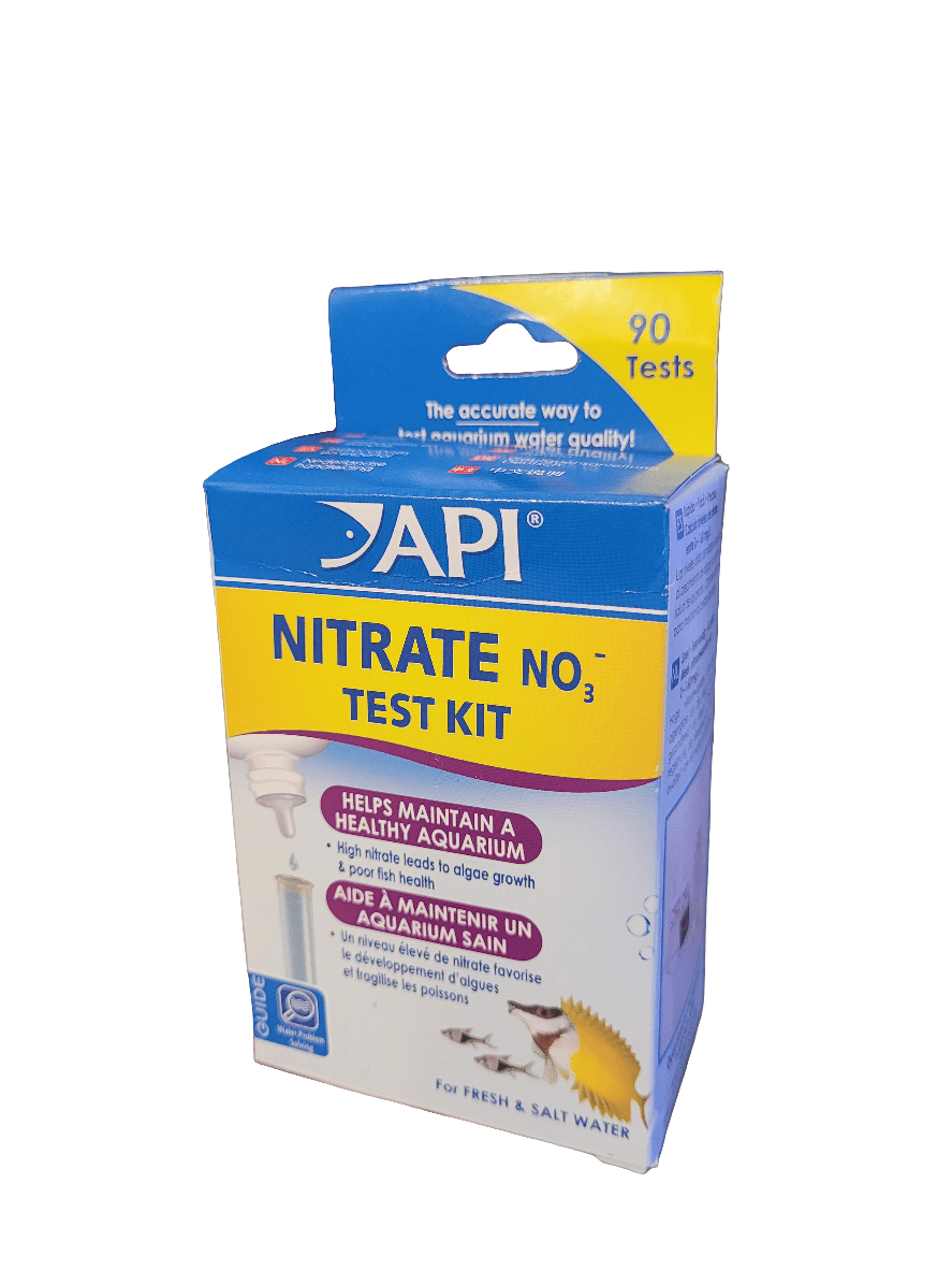 Image of an API - Nitrate Test Kit - 90 Tests box for aquariums. The packaging emphasizes its role in maintaining a healthy environment for both freshwater and saltwater tanks, providing 90 tests.