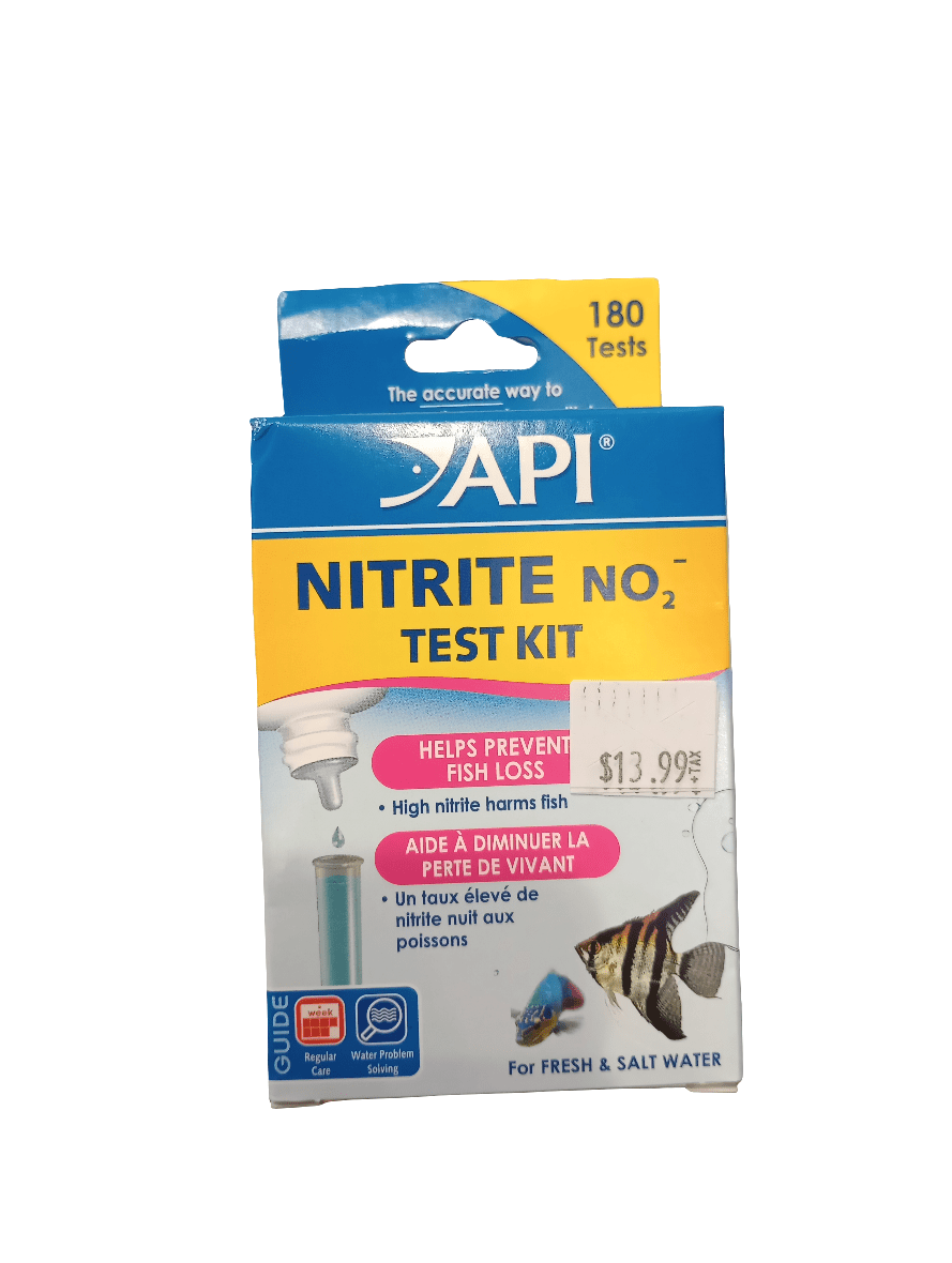 A box of API Nitrite Nitrite No2 Test Kit 180 Tests is labeled to help prevent fish loss caused by high nitrite levels, and is priced at $13.99. The packaging features images of fish and testing tools.