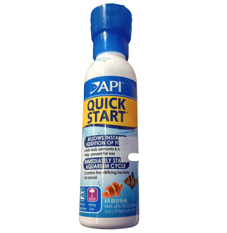 A 4oz bottle of API Quick Start, designed for instant fish addition by initiating the aquarium cycle, detoxifying ammonia and nitrite, and including live nitrifying bacteria.