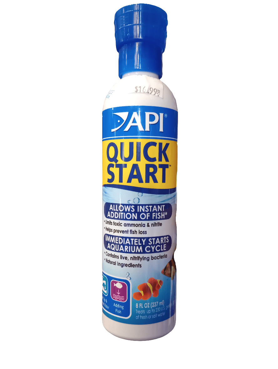 An 8oz bottle of API Quick Start aquarium solution. Its label emphasizes benefits like initiating the aquarium cycle and enabling the immediate addition of fish. It includes live nitrifying bacteria and features a white bottle with a blue cap.