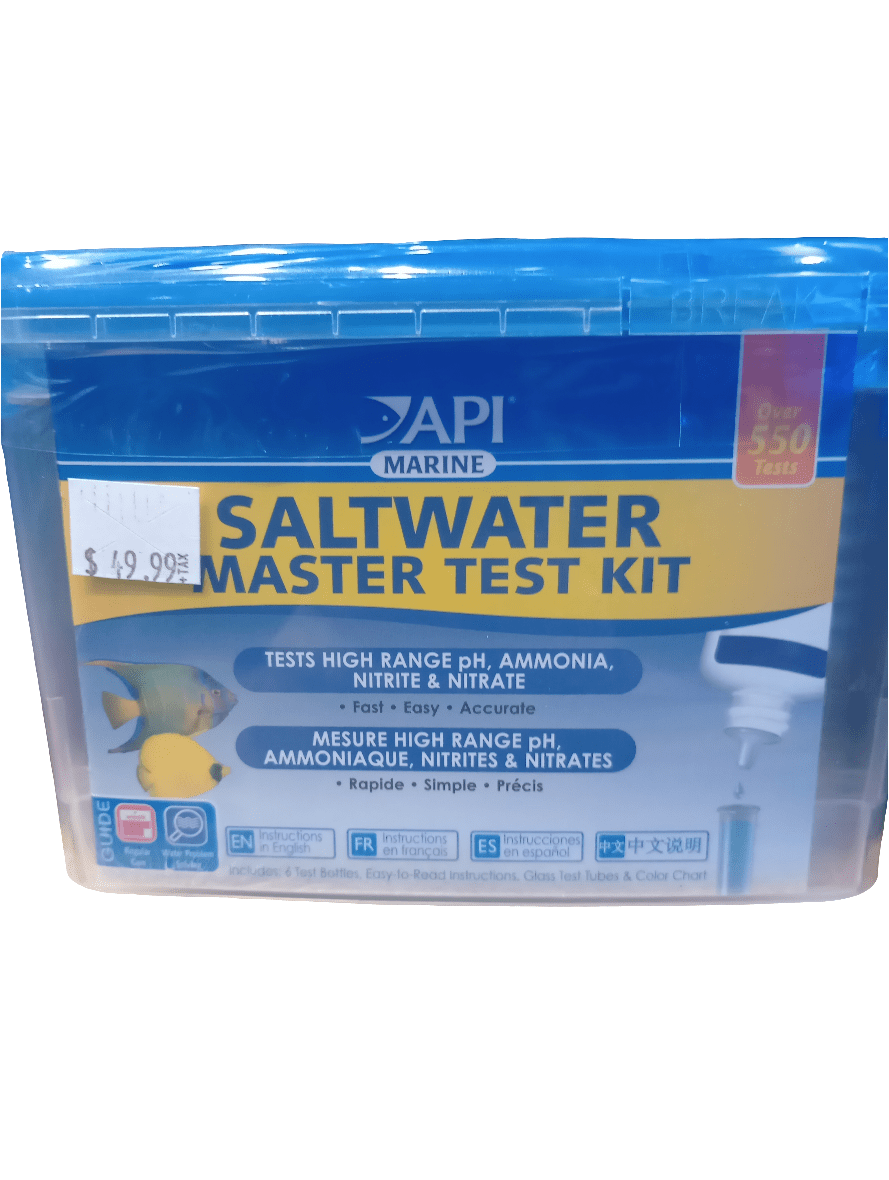 Image of an API - Saltwater Master Test Kit package. The kit is intended for measuring pH, ammonia, nitrite, and nitrate levels in saltwater aquariums. These features are shown on the front of the package, along with a visible price tag of $49.99.