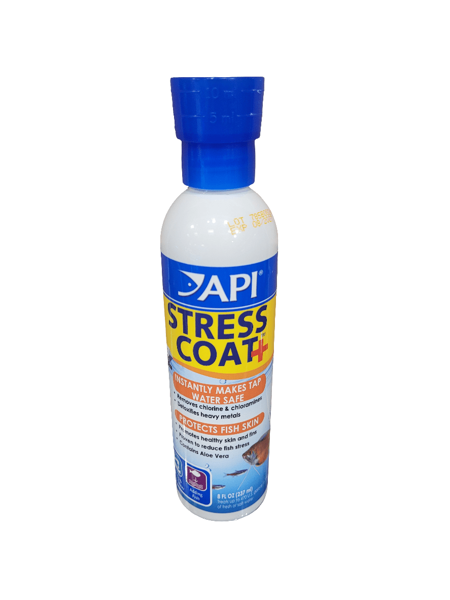 An 8oz bottle of API Stress Coat Conditioner for aquariums comes with a blue and white label. It claims to make tap water safe and protect fish skin, featuring a flip-top cap and an image of a fish.