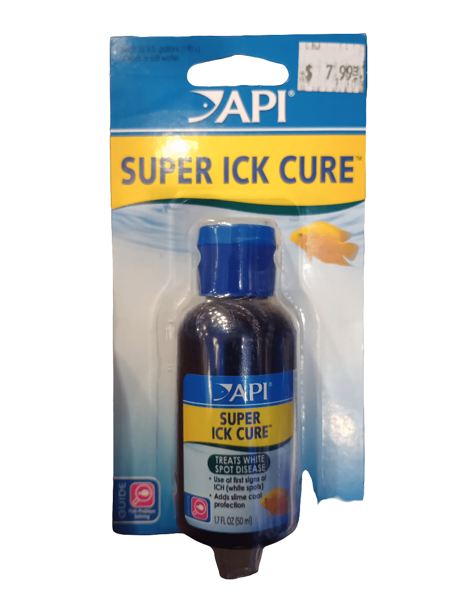 A bottle of API - Super Ick Cure - 1.7oz is in its packaging, which features a label indicating its use for treating white spot disease in fish. The package displays an image of a yellow fish and has a price sticker of $7.99 in the top right corner.