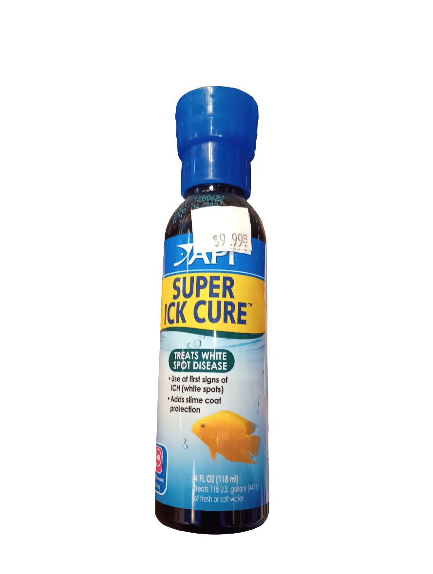 The API - Super Ick Cure, a 4 oz (118 ml) fish tank treatment with a blue cap, is designed to treat white spot disease and add a slime coat. It's priced at $9.99.