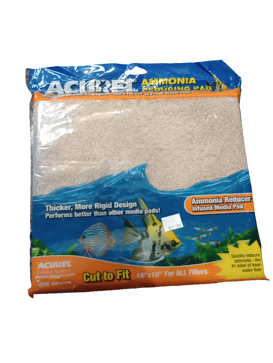 Package of Acurel Ammonia Reducing Filter Pad, designed as Cut to Fit 18"×10" for All Filters. Features fish imagery with text emphasizing its thicker design and ammonia-reducing capabilities. Price tag is visible.