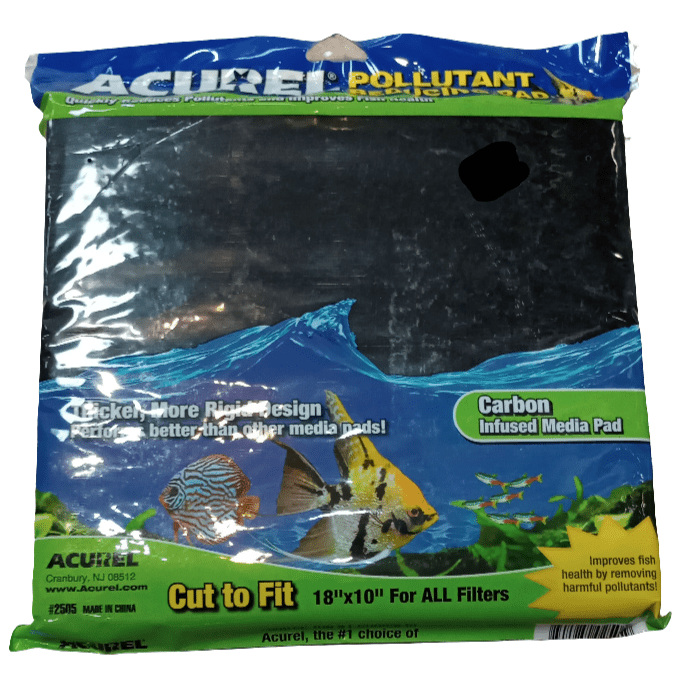 A package of the Acurel - Carbon Filter Pad (cut to fit) 18"×10" displays a clear front revealing the black pad inside. The label highlights Carbon Infused Media Pad and Cut to Fit 18x10 For All Filters, accompanied by images of aquatic life.