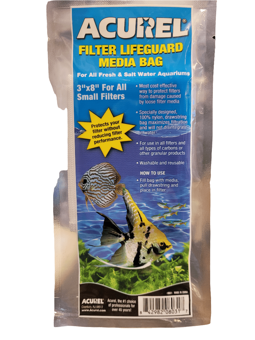 An Acurel Media Bag, measuring 3"×8", is ideal for small filters and compatible with both fresh and saltwater aquariums. It offers benefits such as damage protection, straightforward instructions, and reusability, featuring an image of fish on the packaging.