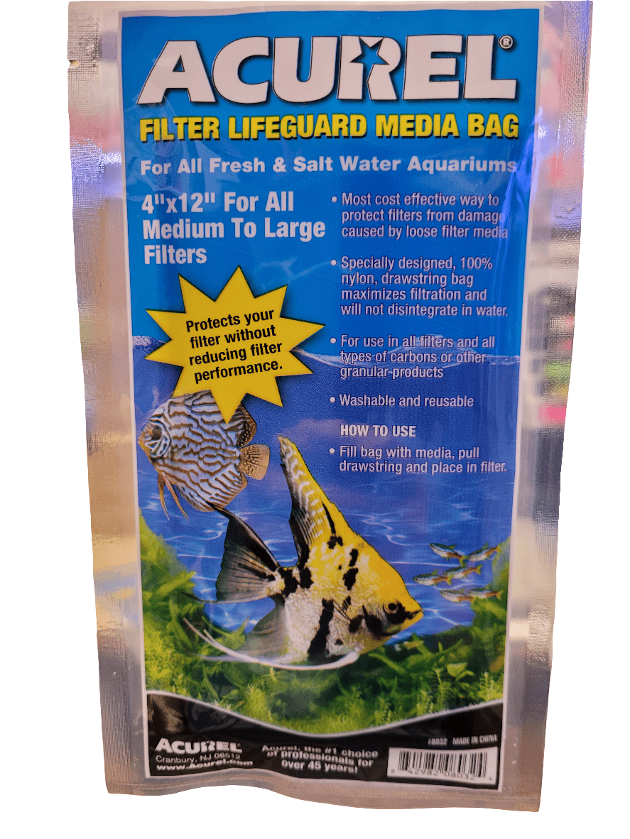 A package of the Acurel- Media Bag - 4"×12", suitable for fresh and saltwater aquariums and designed for medium to large filters, is featured. The text emphasizes its protective capabilities and ease of washing, with images of fish adorning the packaging.