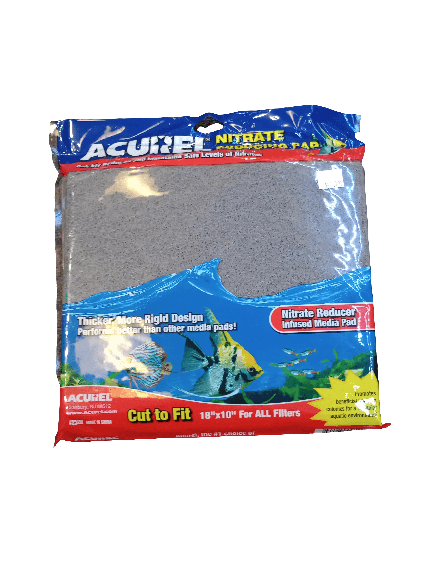 An Acurel Nitrate Reducing Filter Pad designed for aquariums, featuring a blue and red package with a clear section that reveals the gray pad inside. It includes details such as "Cut to Fit" and measures 18" x 10" suitable for all filters.