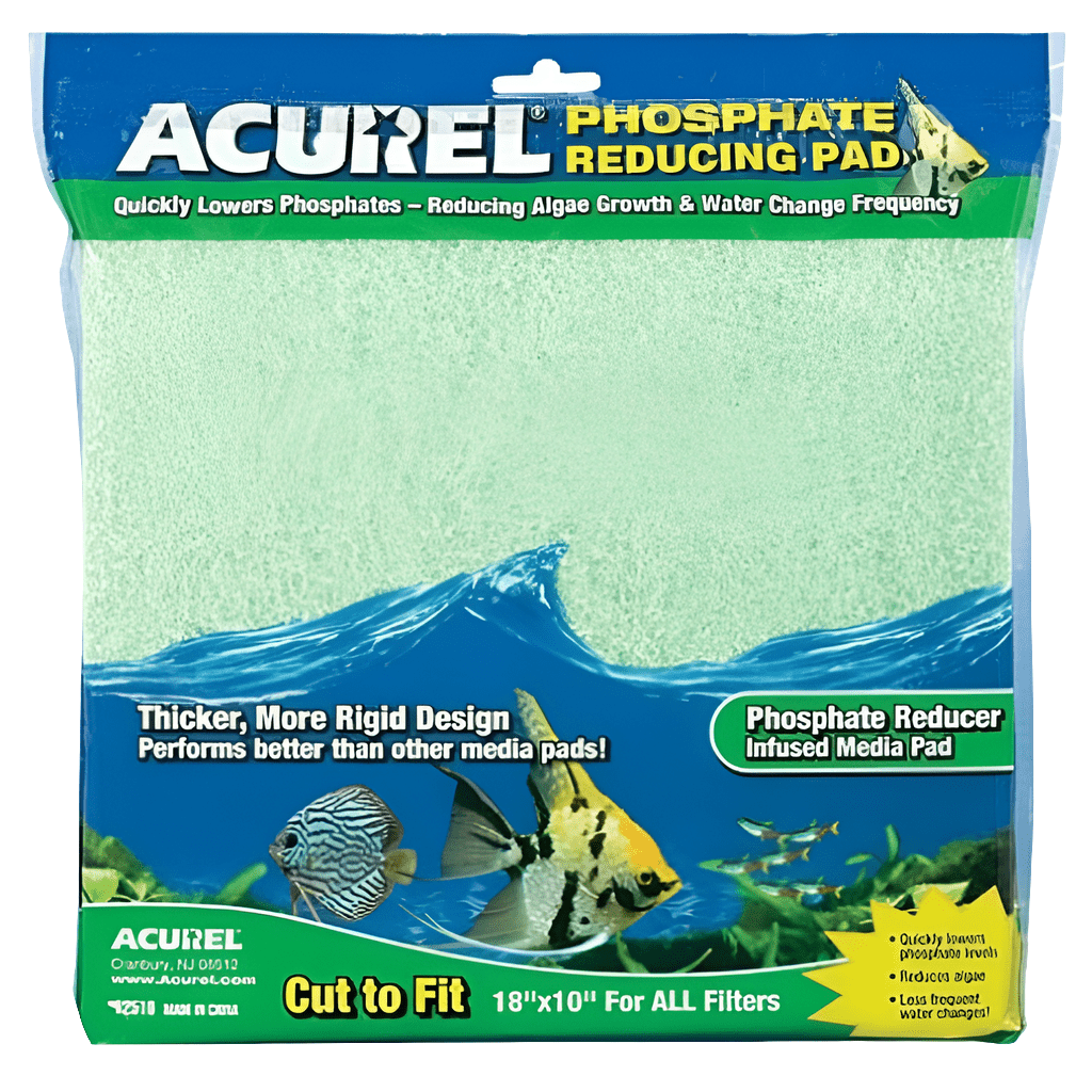 Photograph of the Acurel - Phosphate Reducing Pad packaging. The package showcases graphics of fish and water along with text emphasizing its benefits, such as its thicker design and phosphate-reducing capabilities for aquarium filters.