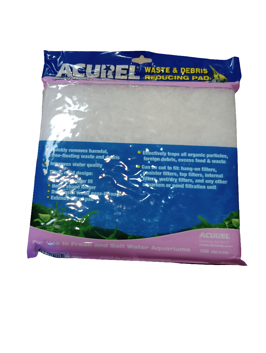 Clear plastic packaging of an Acurel Polyfiber Filter Pad (cut to fit) 18" x 10" for aquariums, featuring blue and purple colors. The text on the package highlights its benefits for removing free-floating waste and suitability for both fresh and saltwater aquariums.