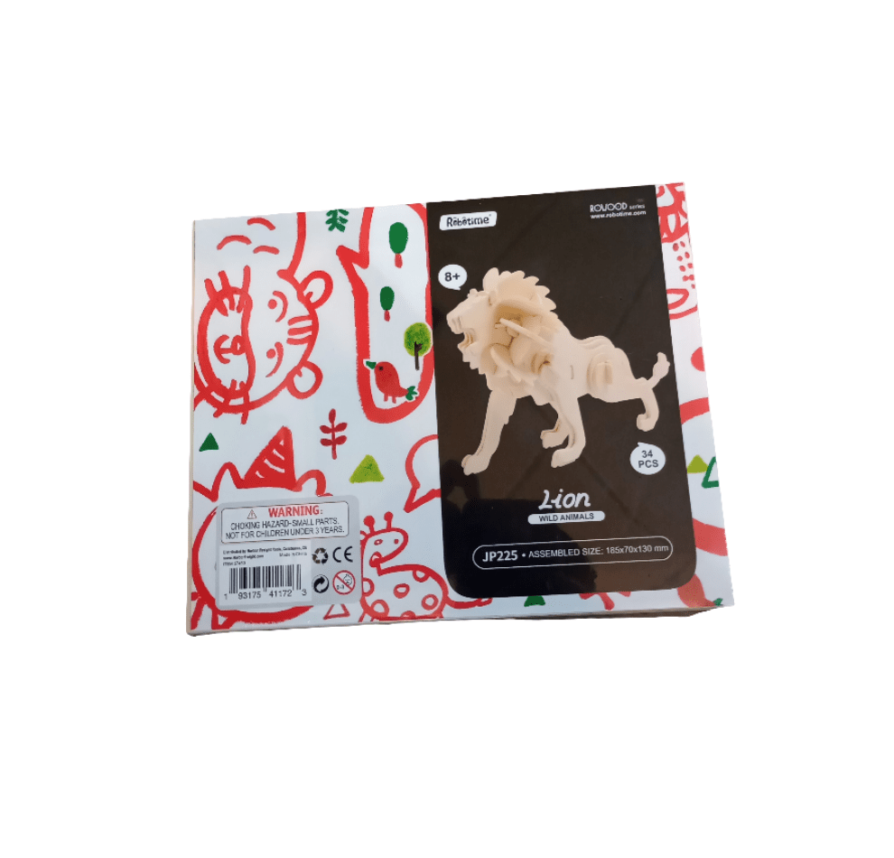 A packaging box showcasing the African Animal Wood Puzzle, specifically a wooden lion model kit with 34 pieces, suitable for ages 8 and up. The box is adorned with playful green and red animal illustrations and includes a warning label in the bottom left corner.