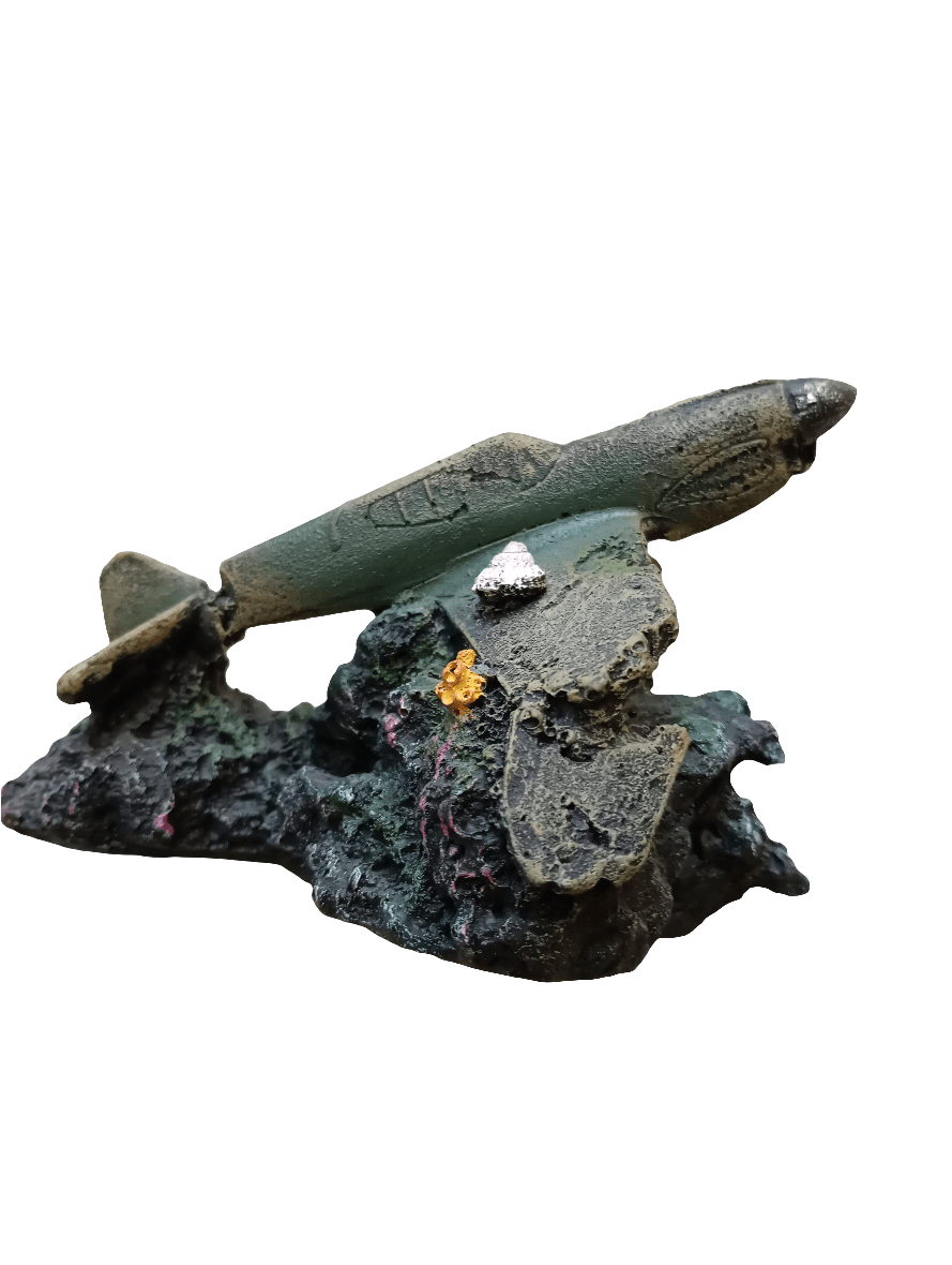 A small model of the Air Plane Wrecked Sunk 15-14-10cm is positioned on a rocky surface. The airplane is angled upwards, giving the impression that it is emerging from the depths. The dark, textured rock features patches of color that enhance the depth of the scene.