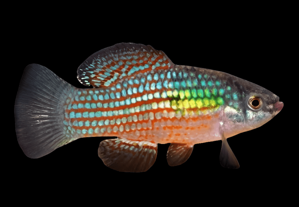 A striking American Flag Fish, also known as Jordanella Floridae, features a rounded body and prominent eyes with vibrant stripes of blue, green, and orange on a black background. The fish's dark tail and fins enhance its colorful display.