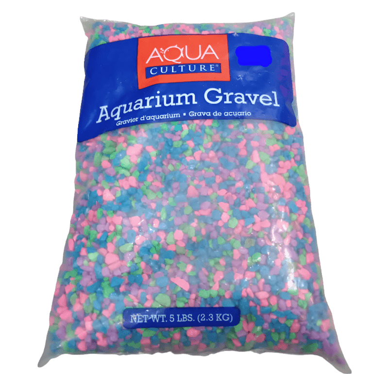 A 5 lb bag of Aqua Culture Aquarium Gravel - Confetti, featuring multicolored pebbles in shades of blue, pink, and green.