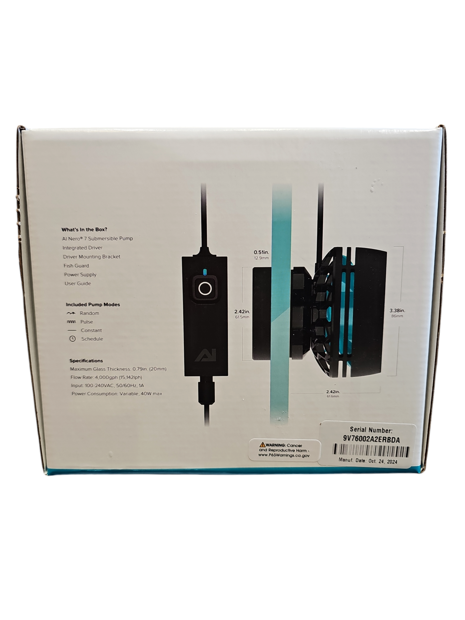 The Aqua Illumination - Nero 7 Submersible Pump box displays a profile view of the pump, ideal for reef tanks. Specifications, dimensions, and critical details like the serial number are listed elegantly on the side.