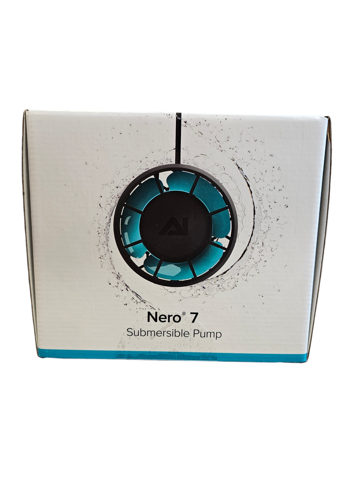 The Aqua Illumination Nero 7 Submersible Pump box features an image of its blue and black fan-like design on a white background with splash graphics, ideal for enhancing reef tank environments.