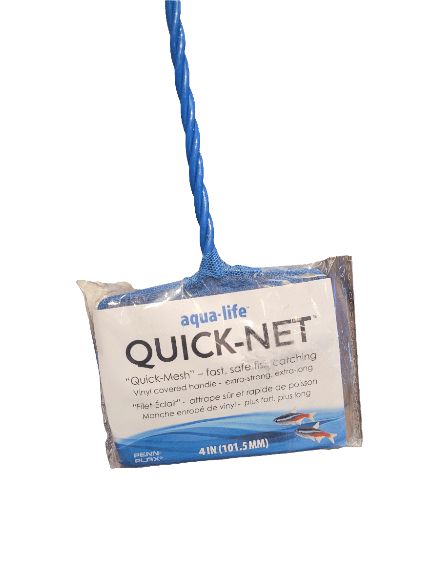 Image of an Aqua-Life - 4" Fish Net, showcasing a blue vinyl-covered handle. The packaging emphasizes Quick-Mesh for efficient and safe fish catching, with a width of 4 inches (101.5 mm).