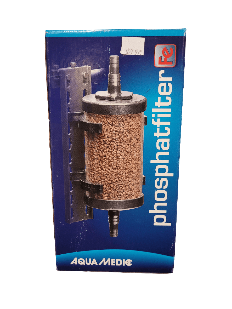 An Aqua Medic - Phosphatfilter Reactor/media box is displayed, featuring an image of the filter on the front. The price sticker shows $59.99, and the background is blue with white and red text.