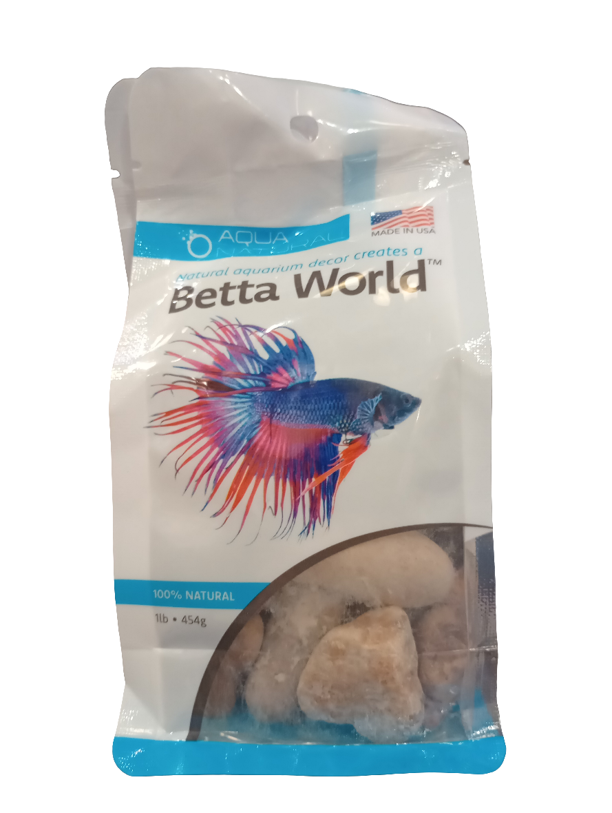 The Aqua Natural Betta World Rose Cream Stone package features a vibrant Betta fish design. Its a 100% natural aquarium substrate and weighs 1 lb (454 g).