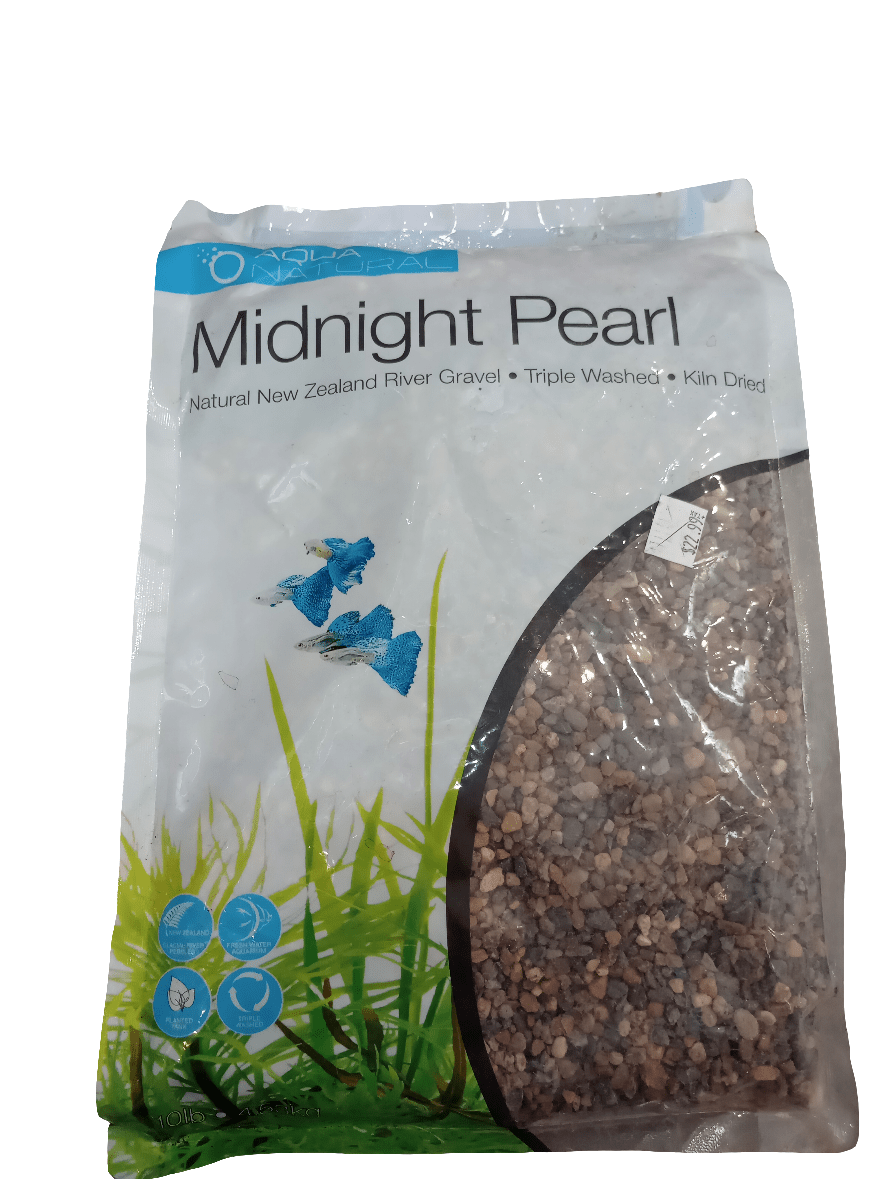 A bag of Aqua Natural Midnight Pearl Gravel, sourced from natural New Zealand river stones. The package is partly transparent at the top, allowing you to see the small stones inside, and features grass graphics with blue butterflies on the front.