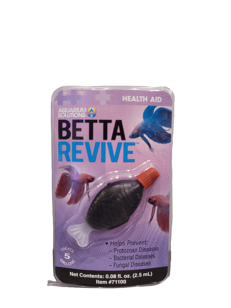 Aquarium Solutions - Betta Revive, a 2.5ml health aid for aquarium fish, is presented in a purple blister pack. It features a small bottle decorated with images of Betta fish and emphasizes the prevention of protozoan, bacterial, and fungal diseases.