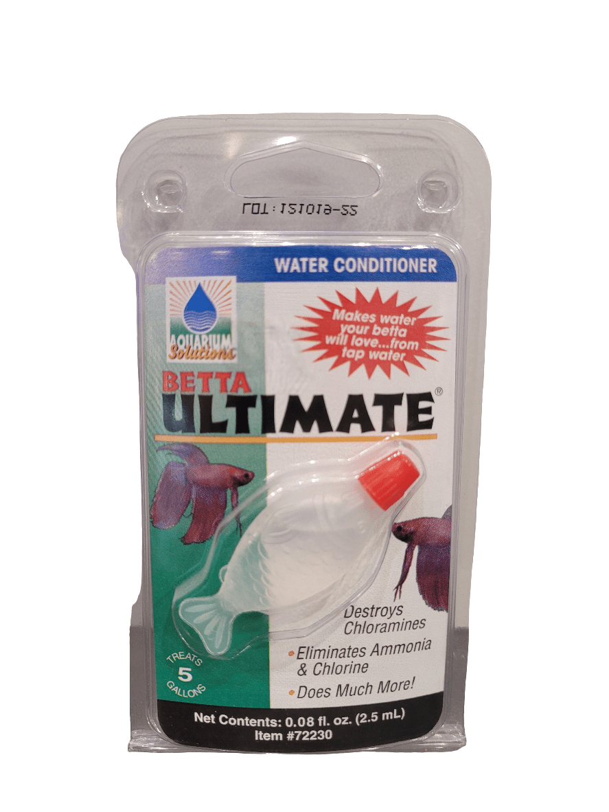 Image of the Aquarium Solutions - Betta Ultimate Conditioner .08oz package. The package features a clear bottle with a red cap, highlighting its capability to make water safe by eliminating chloramines, ammonia, and chlorine for 5 gallons.